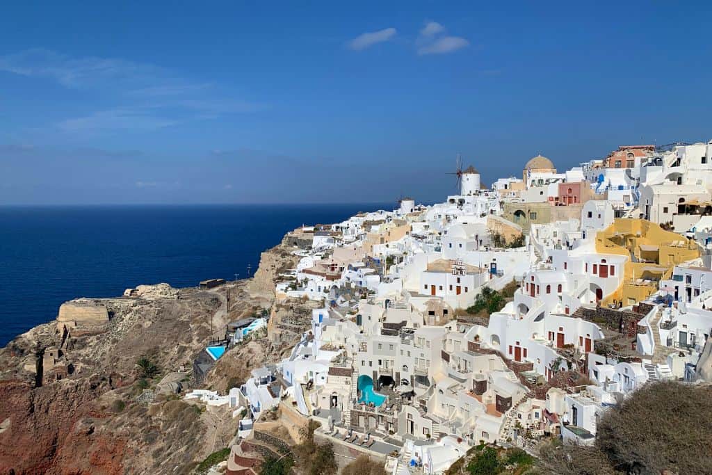 View of the whitewashed houses in Oia during the morning. 