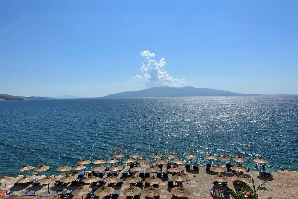 View of Corfu from a distance at Mango beach in Saranda.