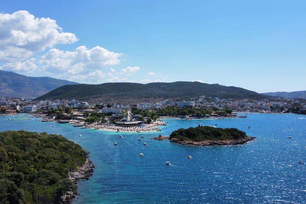 View of Ksamil's main town and some of the islands. This southern Albanian gem is one of the most beautiful locations in Albania.