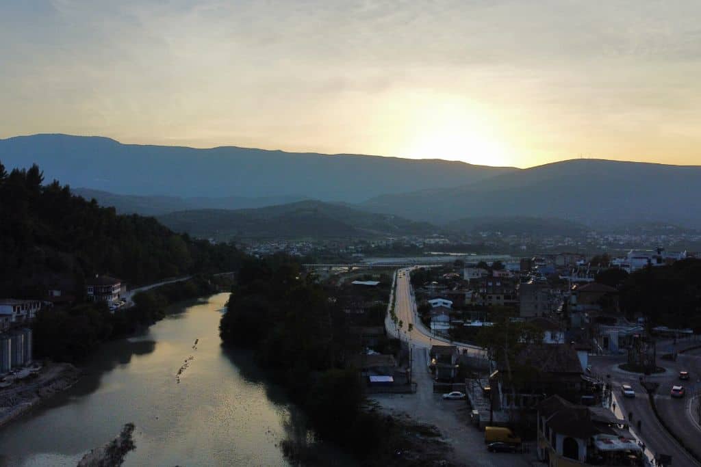 The mountains and river in the city.