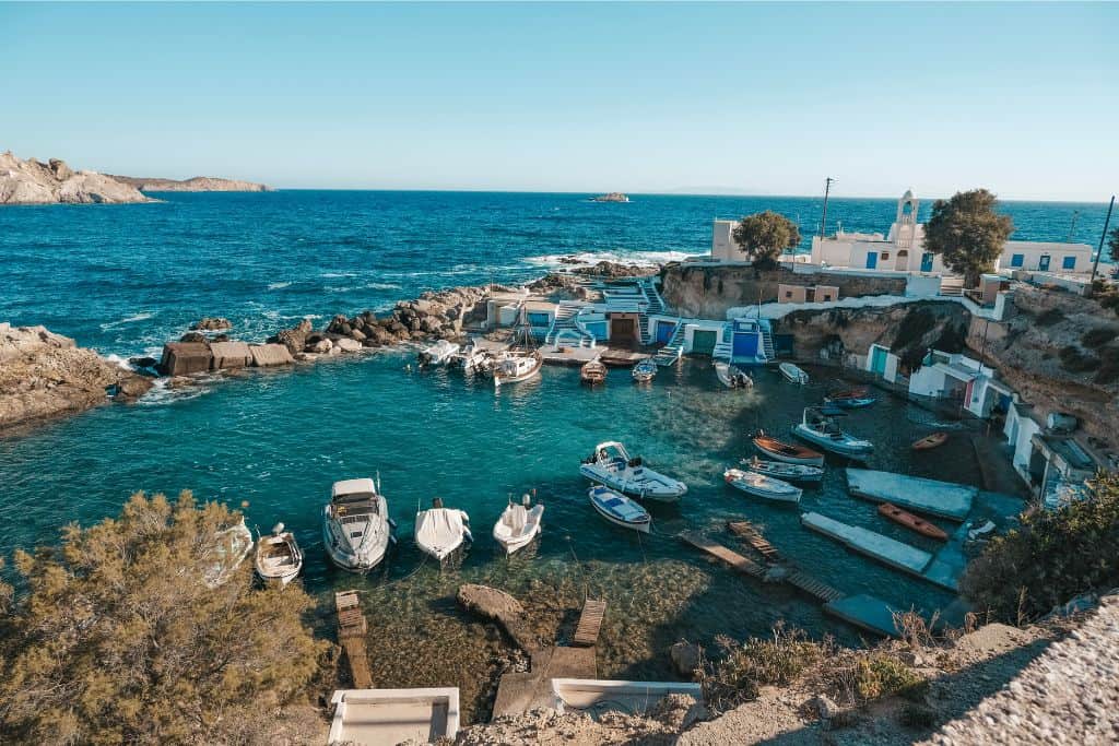 Mandrakia is one of the most beautiful fishing villages in Milos with colorful syrmata lining the harbor.